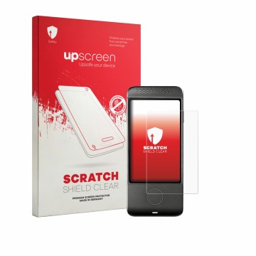 Parte frontal de un envase de producto con el logotipo de la marca upscreen. Al lado se muestra el dispositivo Vasco Translato