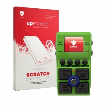 Parte frontal de un envase de producto con el logotipo de la marca upscreen. Al lado se muestra el dispositivo Zoom MS-90LP Pl