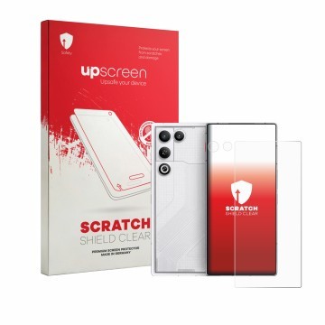 Parte frontal de un envase de producto con el logotipo de la marca upscreen. Al lado se muestra el dispositivo ZTE Nubia Red M