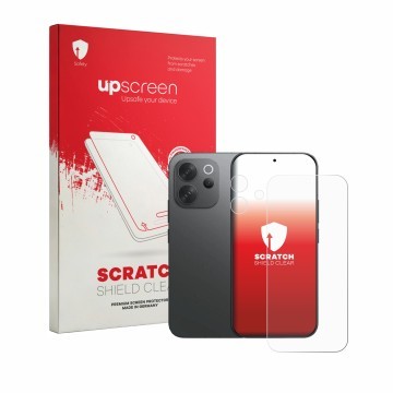 Parte frontale di una confezione del prodotto con il logo del marchio upscreen. Accanto è raffigurato il dispositivo Vivo V70 