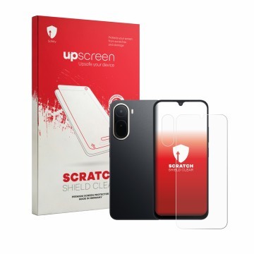 Parte frontal de un envase de producto con el logotipo de la marca upscreen. Al lado se muestra el dispositivo Xiaomi Redmi A7