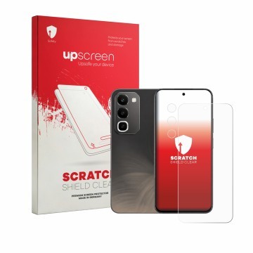 Face avant d’un emballage produit avec le logo de la marque upscreen. À côté, l’appareil realme C100 4G (Avant+Caméra) est rep
