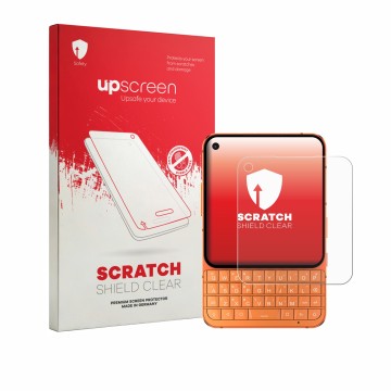 Parte frontale di una confezione del prodotto con il logo del marchio upscreen. Accanto è raffigurato il dispositivo Unihertz 