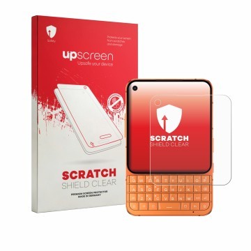 Parte frontale di una confezione del prodotto con il logo del marchio upscreen. Accanto è raffigurato il dispositivo Unihertz 