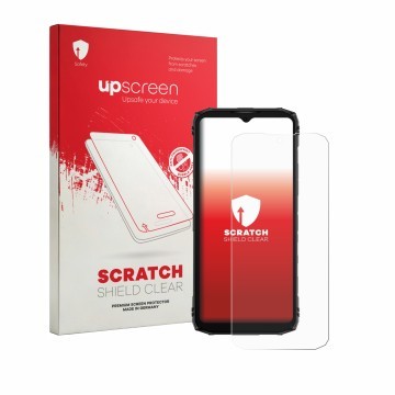 Vorderseite einer Produktverpackung mit dem Markenlogo upscreen. Daneben ist das Gerät Doogee Blade 10 Energy mit dem zugehöri