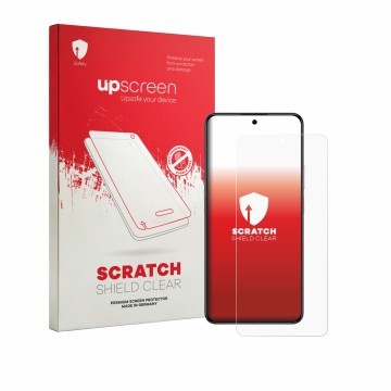 Parte frontal de un envase de producto con el logotipo de la marca upscreen. Al lado se muestra el dispositivo Honor X8d con s