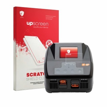 Face avant d’un emballage produit avec le logo de la marque upscreen. À côté, l’appareil Spektrum Smart Charger S2200 G2 est r