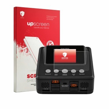 Face avant d’un emballage produit avec le logo de la marque upscreen. À côté, l’appareil Spektrum Smart Charger S450 G2 est re