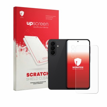 Parte frontale di una confezione del prodotto con il logo del marchio upscreen. Accanto è raffigurato il dispositivo Samsung G