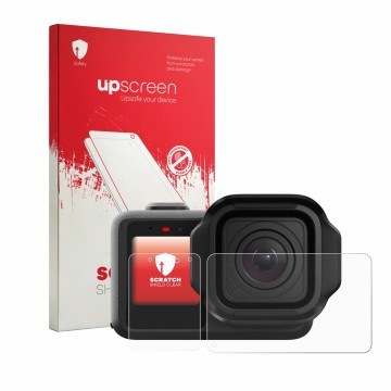 Parte frontal de un envase de producto con el logotipo de la marca upscreen. Al lado se muestra el dispositivo GoPro Mission 1
