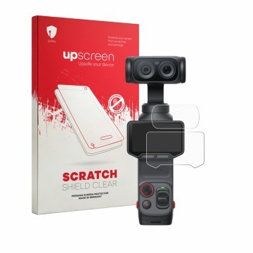 Face avant d’un emballage produit avec le logo de la marque upscreen. À côté, l’appareil Insta360 Luna Ultra (Affichage + Lent