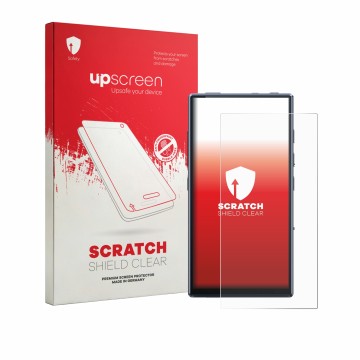 Parte frontal de un envase de producto con el logotipo de la marca upscreen. Al lado se muestra el dispositivo FiiO M33 R2R co