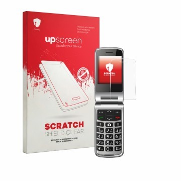 Vorderseite einer Produktverpackung mit dem Markenlogo upscreen. Daneben ist das Gerät bea-fon SL645 mit dem zugehörigen Displ
