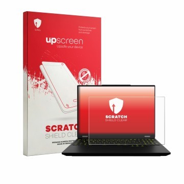 Parte frontal de un envase de producto con el logotipo de la marca upscreen. Al lado se muestra el dispositivo XMG Neo 16 con 