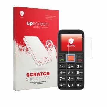 Front side of a product packaging with the brand logo upscreen. Next to it is the device Easyfone Prime A5 shown with the corr