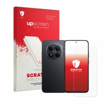 Front side of a product packaging with the brand logo upscreen. Next to it is the device Xiaomi Redmi Note 15 Pro 5G (Front+Ca