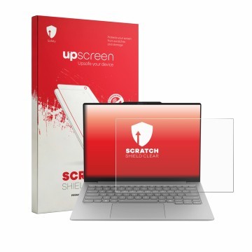 Face avant d’un emballage produit avec le logo de la marque upscreen. À côté, l’appareil Lenovo ThinkBook 14X est représenté a