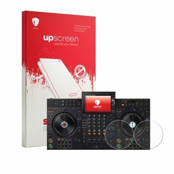 Parte frontal de un envase de producto con el logotipo de la marca upscreen. Al lado se muestra el dispositivo AlphaTheta XDJ-