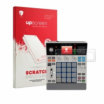 Parte frontale di una confezione del prodotto con il logo del marchio upscreen. Accanto è raffigurato il dispositivo Akai MPC 