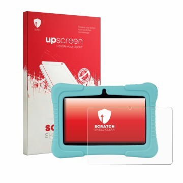 Front side of a product packaging with the brand logo upscreen. Next to it is the device SaveFamily Kids Tablet 7