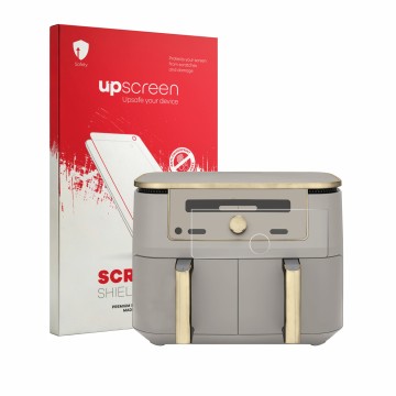 Parte frontal de un envase de producto con el logotipo de la marca upscreen. Al lado se muestra el dispositivo Ninja Max 6-in-