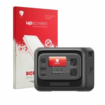 Parte frontal de un envase de producto con el logotipo de la marca upscreen. Al lado se muestra el dispositivo Bluetti Elite 3