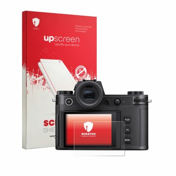 Parte frontal de un envase de producto con el logotipo de la marca upscreen. Al lado se muestra el dispositivo Leica SL3-P con