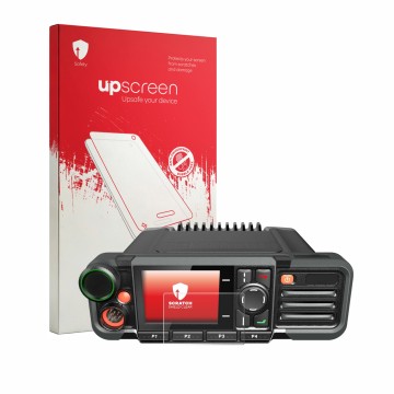 Parte frontal de un envase de producto con el logotipo de la marca upscreen. Al lado se muestra el dispositivo Hytera HM785 co