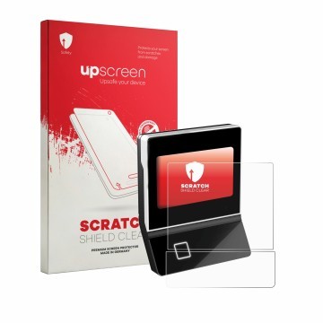 Face avant d’un emballage produit avec le logo de la marque upscreen. À côté, l’appareil Dormakaba Terminal 96 00 est représen