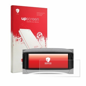 Parte frontal de un envase de producto con el logotipo de la marca upscreen. Al lado se muestra el dispositivo MG S5 EV ZS3E 2