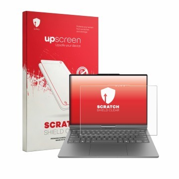 Parte frontal de un envase de producto con el logotipo de la marca upscreen. Al lado se muestra el dispositivo Lenovo ThinkBoo