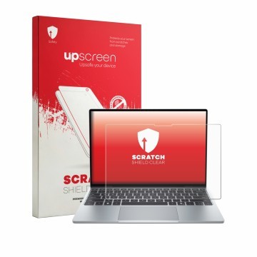 Vorderseite einer Produktverpackung mit dem Markenlogo upscreen. Daneben ist das Gerät Dell XPS 13 DX13260 2026 mit dem zugehö