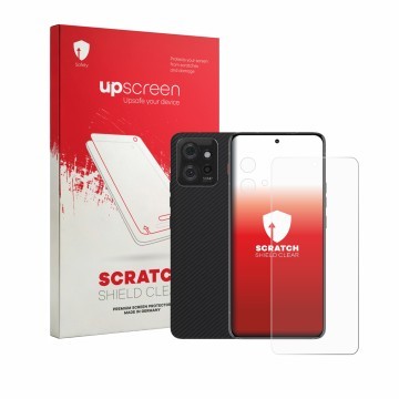 Parte frontale di una confezione del prodotto con il logo del marchio upscreen. Accanto è raffigurato il dispositivo Motorola 
