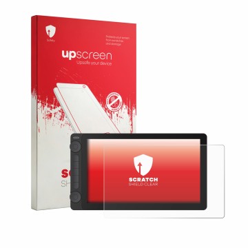 Parte frontale di una confezione del prodotto con il logo del marchio upscreen. Accanto è raffigurato il dispositivo Huion Kam
