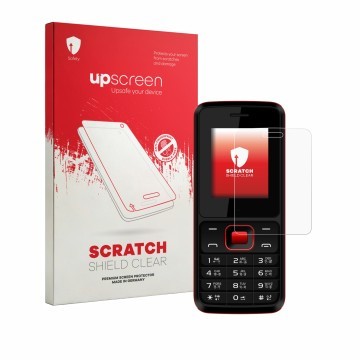 Vorderseite einer Produktverpackung mit dem Markenlogo upscreen. Daneben ist das Gerät Karbonn K19 Rock mit dem zugehörigen Di