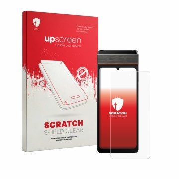 Parte frontale di una confezione del prodotto con il logo del marchio upscreen. Accanto è raffigurato il dispositivo Sunmi V3e