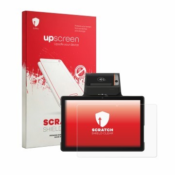 Parte frontale di una confezione del prodotto con il logo del marchio upscreen. Accanto è raffigurato il dispositivo Sunmi P3 