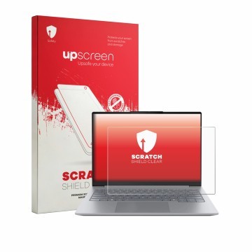 Parte frontal de un envase de producto con el logotipo de la marca upscreen. Al lado se muestra el dispositivo Lenovo ThinkBoo