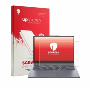 Parte frontal de un envase de producto con el logotipo de la marca upscreen. Al lado se muestra el dispositivo Lenovo IdeaPad 