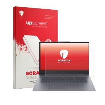 Parte frontal de un envase de producto con el logotipo de la marca upscreen. Al lado se muestra el dispositivo Lenovo IdeaPad 