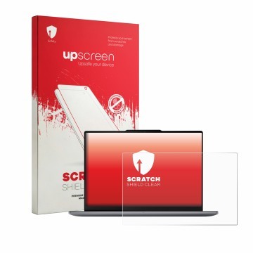 Parte frontal de un envase de producto con el logotipo de la marca upscreen. Al lado se muestra el dispositivo Lenovo Yoga Pro