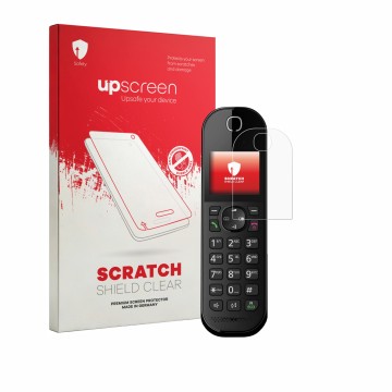 Vorderseite einer Produktverpackung mit dem Markenlogo upscreen. Daneben ist das Gerät Panasonic KX-TGC420 mit dem zugehörigen