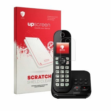 Vorderseite einer Produktverpackung mit dem Markenlogo upscreen. Daneben ist das Gerät Panasonic KX-TGC460 mit dem zugehörigen