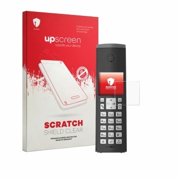 Vorderseite einer Produktverpackung mit dem Markenlogo upscreen. Daneben ist das Gerät Panasonic KX-TGK220 mit dem zugehörigen