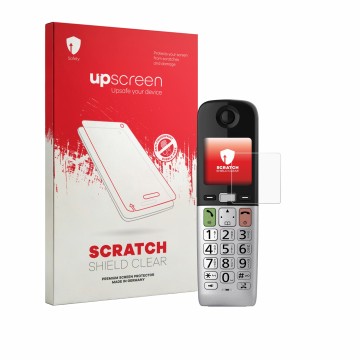 Vorderseite einer Produktverpackung mit dem Markenlogo upscreen. Daneben ist das Gerät Panasonic KX-TGU432 mit dem zugehörigen