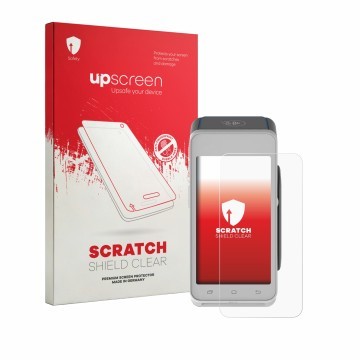 Parte frontal de un envase de producto con el logotipo de la marca upscreen. Al lado se muestra el dispositivo Pax A910S con s