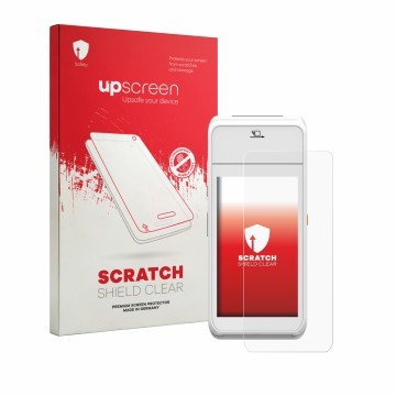 Parte frontale di una confezione del prodotto con il logo del marchio upscreen. Accanto è raffigurato il dispositivo Pax A99 c