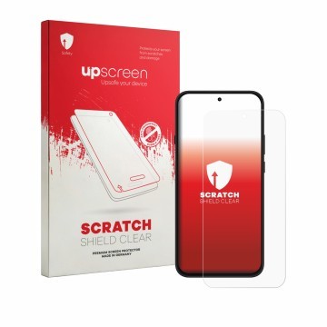 Vorderseite einer Produktverpackung mit dem Markenlogo upscreen. Daneben ist das Gerät Nothing Phone (4b) mit dem zugehörigen 