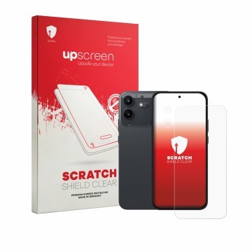 Vorderseite einer Produktverpackung mit dem Markenlogo upscreen. Daneben ist das Gerät Nothing Phone (4b) (Display+Kamera) mit