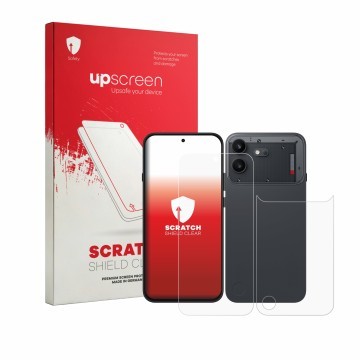 Vorderseite einer Produktverpackung mit dem Markenlogo upscreen. Daneben ist das Gerät Nothing Phone (4b) (Display+Rückseite) 